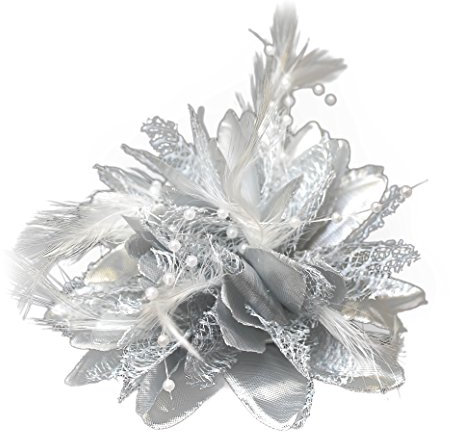 Flower Feather Bead Corsage Hair Clips Fascinator Hairband and Pin (Silver)