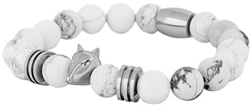Akitsune Obsidian Perlenarmband | Premium Armband für Männer | Perlenarmband Herren mit Edelsteinen & Edelstahl Fuchs-Emblem | Tolle Geschenkidee - Silber Weiß Howlith - 20cm