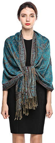 EASE LEAP Women Pashmina Scarves Oversized Silky Winter Scarf Reversible Paisley Shawl for Ladies Blanket Large Wraps 78.5X27.5/(13- Peacock Blue)