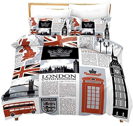 Loussiesd London Bettwäsche Set 135x200 cm 80x80 cm für Kinder Jugendlich UK Unter dem Motto Bettwäscheset The Big Ben Muster Trösterbezug Telefonzelle Tagesdecke mit 1 Kissenbezug Einzelbett