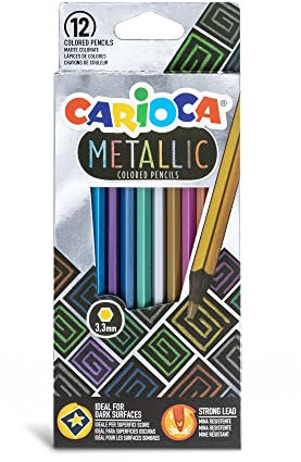 Carioca Metallstifte, 12 undurchsichtige Buntstifte mit Metallic-Finish, sechseckige Form, Buntstifte für Kinder und Erwachsene, zum Zeichnen und Färben, leicht zu spitzen, verschiedene Farben