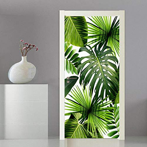 SDNIUA Autocollants Muraux De Porte Trompe L'Oeil 3D Effet 95X215cm Feuilles Vertes De Plantes Tropicales Amovible Stickers Porte Papier Peint Auto-Adhésif Chambre Cuisine Salle De Bain Poster De Port