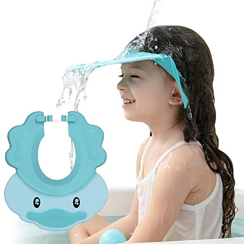 Bleu Bonnet de Douche Bébé, Réglable Visière Bonnets de Bain, Shampoing Chapeau , Protégez les Yeux et Oreilles des Enfants, mignon