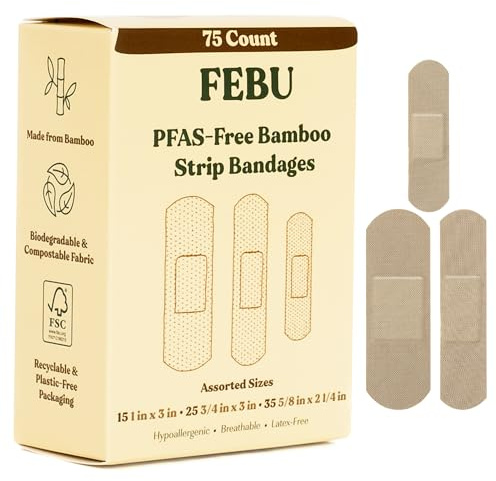 FEBU PFAS Free Bamboo Fabric Bandages, 75 Count Strip
