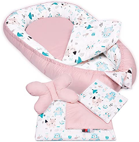 PaLulli Babynest 4-TLG Set 95x55 cm | Babyausstattung mit Matratze & Kuscheldecke | 100% Baumwolle, hypoallergen | Babybett Nestchen für Neugeborene 0-8 Monate (Rosa Bears)