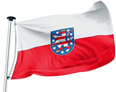 FLAGLY Premium Flagge Thüringen 100x150cm -115g/m² Stoffgewicht - gedruckt, robustes und witterungsbeständiges Glanzpolyester mit Ösen (100 x 150 cm, Thüringen)