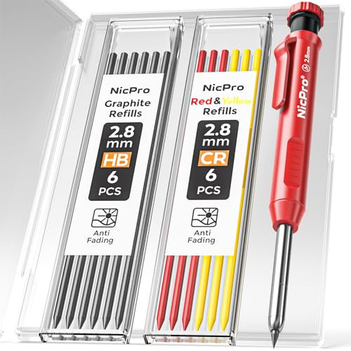 Nicpro Tieflochmarker Bleistift Set, Solide Zimmermannsbleistifte mit 13 Minen, Bohrlochmarker Druckbleistift, Tischler Bleistift mit Eingebauter Spitzer für Holzbearbeitung, Baustelle mit Etui
