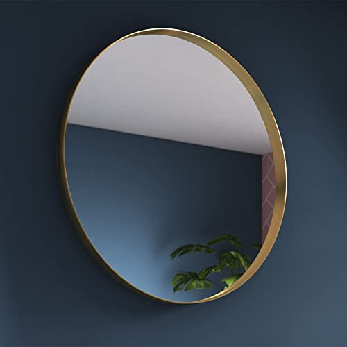 Pebble Grey Brushed Brass Bathroom Mirror 800x800mm - Onyx Rotatable Bathroom Mirrors Wall Mounted, Round Wall Mirrors for Bedrooms, Aluminum Framed Bedroom Mirror, Brushed Brass Accessories