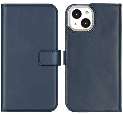 SELENCIA Bookcase Hülle kompatibel mit iPhone 14 – Era Leder Handytasche Side Flip Case – Handyhülle aus Rindsleder in Blau [3 Kartenfächer, Magnetverschluss]