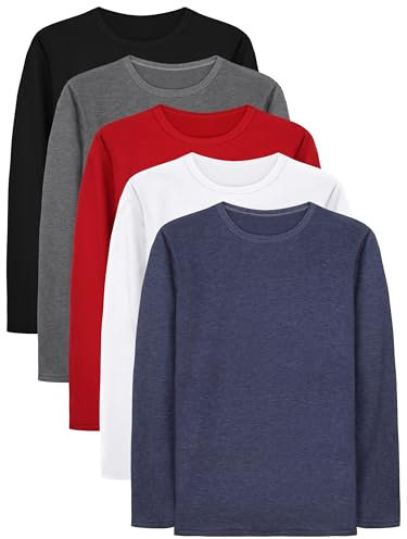 Cooraby 5 Pack Boys' Long Sleeve Crewneck T-Shirts - Kids Soft Tops, Black, Grey, Dark Blue, Red, White, 9-10 Years