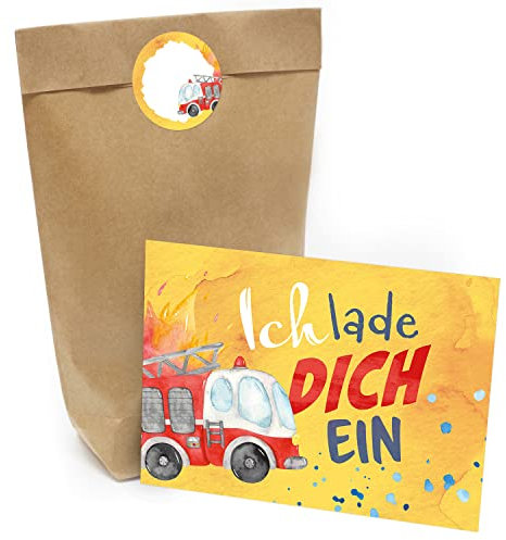 Kindergeburtstag Einladung Set mit je 8 Einladungskarten, Umschlägen, Tüten und Aufkleber - Feuerwehr