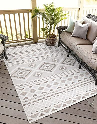 carpet city In-& Outdoor Teppich - 200x290 cm - für Innen-& Außenbereich - Wetterfest Balkon-Teppich, Terrasse, Flur, Küche - Wohnzimmer-Teppiche - Hochtief/ 3D-Effekt - Ethno-Look in Creme