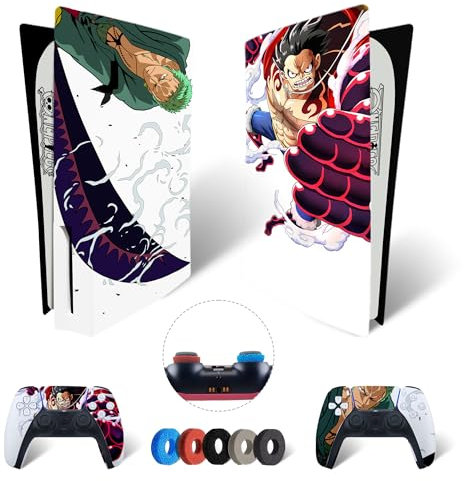 MaD Vision® Set de Skin Extra-Durables en Vinyle pour PS5 Disc + 5 Paires de Aiming Rings | Kit Autocollant et Résistant aux Rayures pour Playstation 5 + 2 Controllers – pour One Piece Design