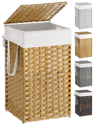 SONGMICS Laundry Hamper with Lid, 17.2 Gallon (65 L) Synthetic Rattan Clothes Laundry Basket with Lid and Handles, Foldable, Removable Liner, Goose Yellow ULCB165N01
