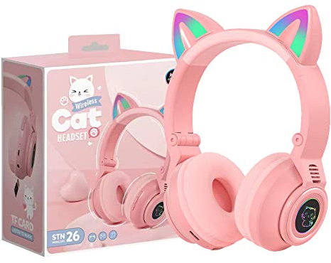 YUSONIC Wireless Cat Ear Headphones, LED Light Up, Bluetooth Headphone Foldable Design, Kids Headset for Cellphone Tablets and Laptops (pink)