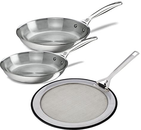 Le Creuset Sartén de acero inoxidable (8 pulgadas y 10 pulgadas) con paquete de protección contra salpicaduras