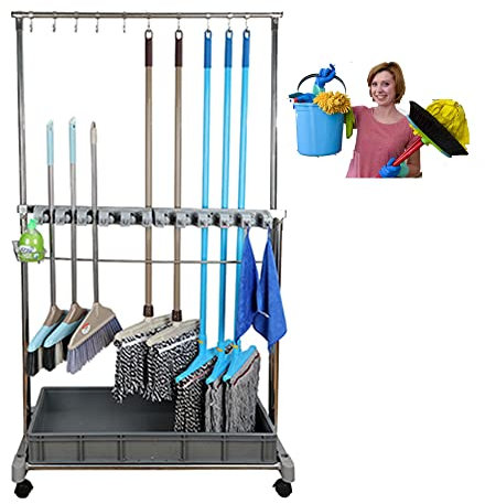 Edelstahl Wischmop Besenhalterung,Commercial Reinigungswagen,Gartengerätehalter,Besenschrank,Werkzeug Aufbewahrung,Mop-Abflussregal,für Garten,Hotelservice,Büro,werkstatt,Raum-Organizer ( Color : Doub