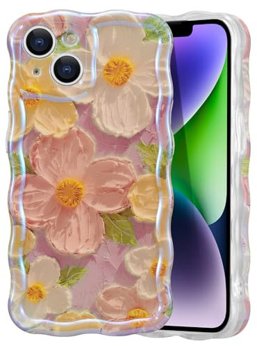 EYZUTAK Case for iPhone 14, Colorful Retro Oil Painting Flower Laser Beam Glossy Pattern Cute Curly Waves Border Exquisite Phone Cover Stylish Durable Soft TPU Protective Case for Girls Women - Pink