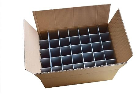 Champagne Flute Packing Box - Pack of 2 | Glassware Box | Strong - Brown Double Walled Cardboard Box | 35 Cells | Glass or item max width 64mm, glass max height 240mm | box ref. 240-35-C-II