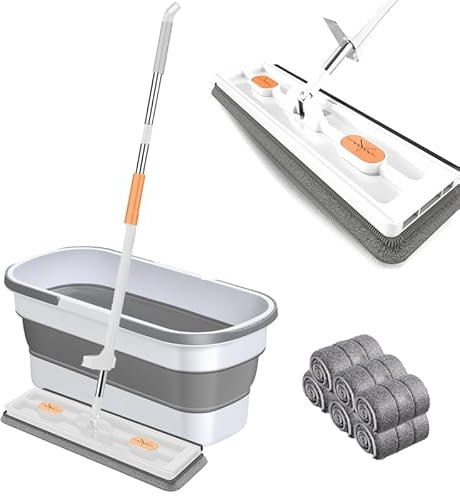 Großer Flacher Mop und Eimer Set, Selbstwringender Bodenwischer Set, 360° Drehbarer Reinigungsmopp, Nass- Trockenmopp für Bodenreinigung Hartholz, Fliesen, Laminat