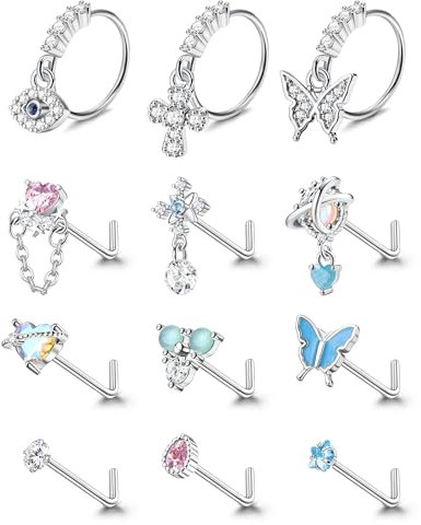 Kakonia Dangle Nasenpiercings L Form Nasenstecker für Damen Edelstahl Nasen Ringe CZ Herz Schmetterling Nasenspiercing Schmuck Silver Tone