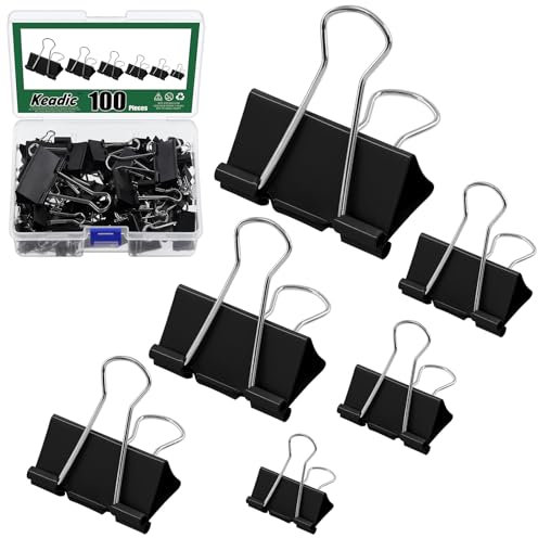 Keadic 100Pcs 5 Size Binder Clips Assortment Set, 15/19/25/32/41mm Black Metal Paper Clamps Paperclips, Box of Multi-Function Paper Clips, Binder Clips for Home School Office Supplies