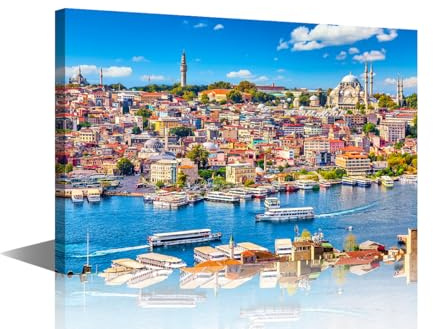 TISHIRON Istanbul, Stadtbild, Büro, Wandkunst, Türkei, Skyline, große Leinwand, Europa, zeitgenössisch, modernes Kunstwerk für Wohnzimmer, Schlafzimmer, gerahmt, fertig zum Aufhängen, 45,7 x 30,5 cm