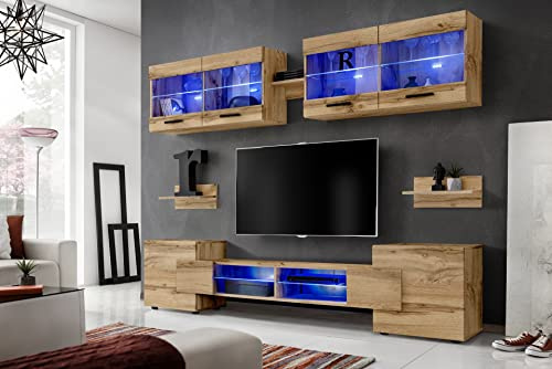 Komodee Wohnwand TV Foggia Wotan/Wotan 230x195x35 cm | Wohnwand RTV Foggia, Front in Wotan Karkasse in Wotan Matt, Breite 230cm x Höhe 195cm x Tiefe 35cm, Ohne Leds