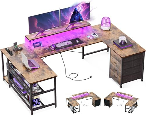 ODK Eckschreibtisch mit 4 Schubladen&Stauraum, Reversible Eckschreibtisch mit 2 Steckdosen und 2 USB Ladeanschluss, Gaming Schreibtisch mit LED&Monitorständer für Home Office, 167×102cm, Vintage-Braun
