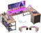 ODK Eckschreibtisch mit 4 Schubladen&Stauraum, Reversible Eckschreibtisch mit 2 Steckdosen und 2 USB Ladeanschluss, Gaming Schreibtisch mit LED&Monitorständer für Home Office, 167×102cm, Vintage-Braun