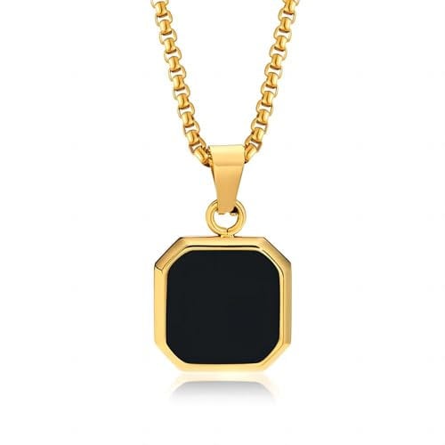 WitmAn Gold Black Onyx Pendant Necklace,Healing Crystal Necklace, Black Stone Pendant for Mens Womens,Adjustable Rope Necklace (Gold)