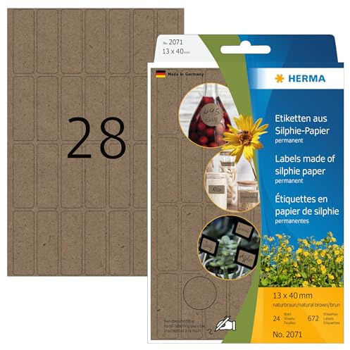 HERMA 2071 Vielzweck-Etiketten aus Graspapier, 24 Blatt, 13 x 40 mm, 28 Stück pro Bogen, 672 Aufkleber, selbstklebend, Haushaltsetiketten zum Beschriften, Silphie-Papier Klebeetiketten, natur-braun