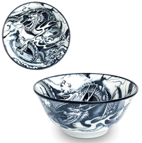 Bol japonais pour udon XL - Dragon Noir - Ramen, Miso, Soupe, Petit déjeuner, Fruits, Poke, Muesli, Riz, Salade Bol - Bol à collations - Saladier - Bol à nouilles - Assiette de fruits