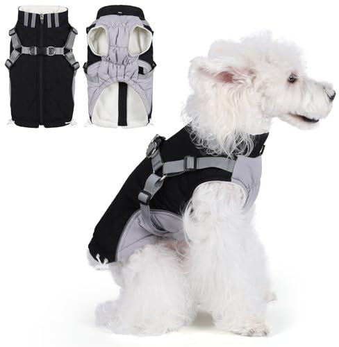 Poseca Hundemantel, wasserdichte Hundejacke, Wintermantel, Hundegeschirr, warmer Wintermantel für kaltes Wetter, Hundemantel mit integriertem Geschirr für kleine, mittelgroße und große Hunde (schwarz,