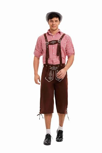 Costume de fête de la bière pour homme - Costume bavarois - Chemise à carreaux - Pantalon en cuir - Ensemble de cosplay - Fête à thème allemand - Carnaval - Vêtements pour adultes