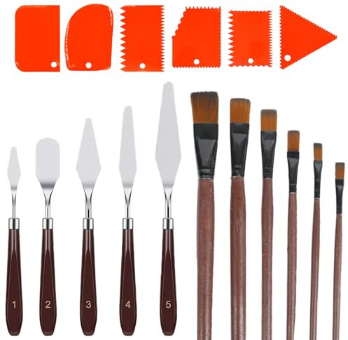 GVSS 17 Pièces Couteau Peinture Set, Pinceaux Peinture Acrylique,Spatule Peinture,5 Spatule Peinture Acrylique,6 Plastique Couteaux Grattoirs,6 Pinceaux,Pour Peinture à L'huile,Gouache,Aquarelle