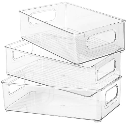 KEILEOHO 3er Set Kühlschrank Organizer mit Griff, 25,5 x 15 x 7,6 cm Kühlschrank Behälter Vorratsbehälter, Speisekammer Organizer Aufbewahrungsbox für Küche, Transparent, Kunststoff
