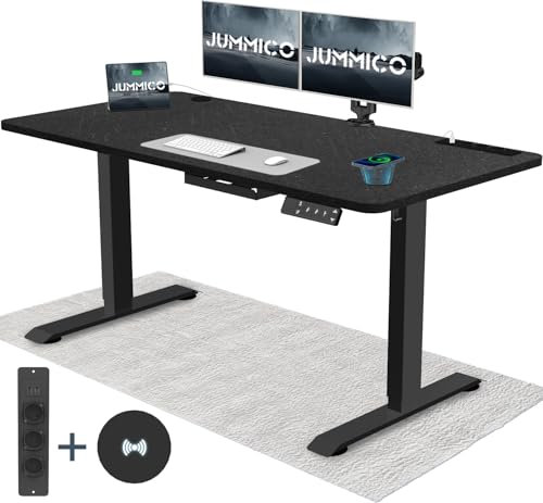 JUMMICO Höhenverstellbarer Schreibtisch mit Kabelloser Ladestation und Euro-Steckdose mit USB, Schreibtisch Höhenverstellbar Elektrisch Stehtisch, Standing Desk (Schwarze Felsplatte 140x70cm)