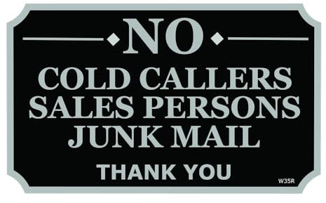 Sticker Gold - CLASSY 11cm NO COLD CALLERS, SALES PERSONS, JUNK MAIL Self Adhesive Stickers - Sign, Letter Box, Front Door, Flyers, Leaflets, Canvasing, Warning, Notice (Black/Silver) SG318