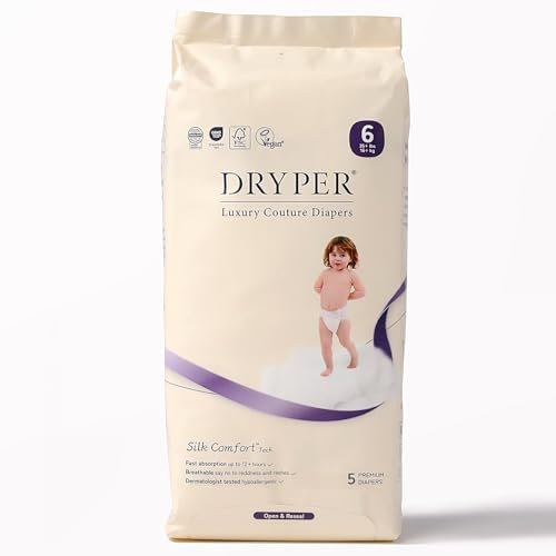DRYPER Baby Windeln Größe 6 (16kg+ / 35+ lbs), 12H Auslaufschutz, 3D Auslaufschutz, Nässeindikator, ultradünner weicher absorbierender Kern, hypoallergen für empfindliche Haut, tragbar, 6 Windeln