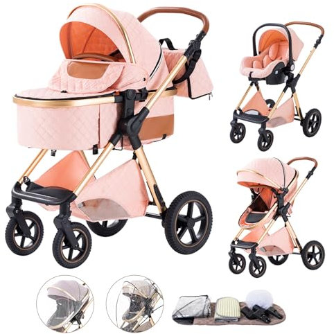 Shineey Kinderwagen 3 in 1,Puppenwagen Mit Babyschale Höhenverstellbarer Buggy Komplettset Faltbare tragbare,KombiKinderwagen Mit Aluminiumrahmen für Neugeborene 0 bis 3 Jahre (H2PINK, H2)