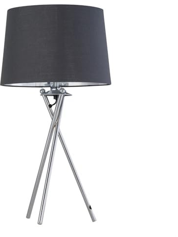 Tripod Table Lamp or Bedside Light, Chrome with Grey & Silver Fabric Shade, LED Compatible, Height 53cm, Inline Switch