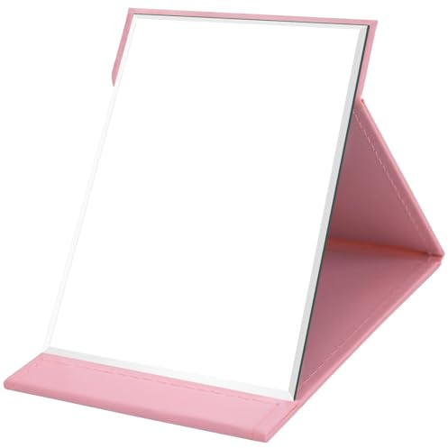 OWLKELA 25x18cm Portable Folding Mirror, PU Leather, Pink HD | Compact Makeup Mirror, Free Standing Vanity, Tabletop Foldable, Travel Mirror for Home, Office, Desk