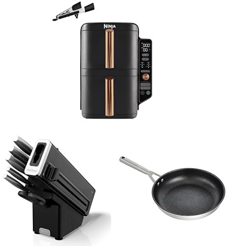 NINJA Double Stack XL Air Fryer, Friteuse sans huile, Noir/Cuivre, SL400EUCP + StaySharp Ensemble de couteaux 6 pièces, Noir, K62006EUUK + ZEROSTICK Poêle en acier inoxydable de 28 cm, C60028EU