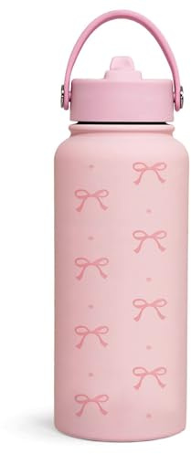Nymora Pink Bow Water Bottle 800ml (27oz) Insulated Water Bottle Stainless Steel Water Bottle with Straw and Adjustable Lid Daily Drink Flask for Women Girls, Gift for Teen Girls Christmas