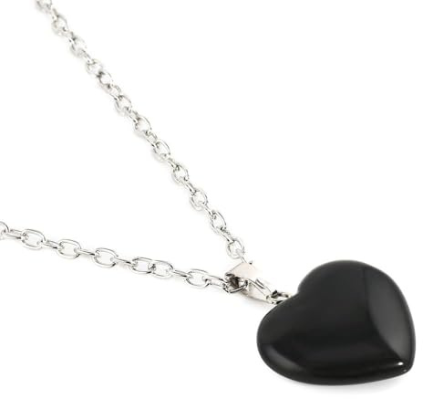 LifgWas Collar para Mujer con Colgante Corazón de Obsidiana, Collar de Acero Inoxidable con Piedras Naturales, Regalo Único para Ella - 2 cm, Negro