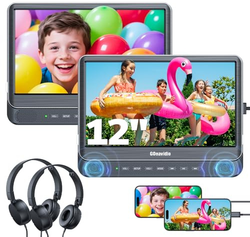 GOnavidio Dual Car DVD Players with HDMI Input, Car TV Screen with Headphones, Mounting Brackets, Support Sync TV/Phone, USB/TF Card, MP4/MKV, Play Same/Different Movies, Dual Speakers, No Battery
