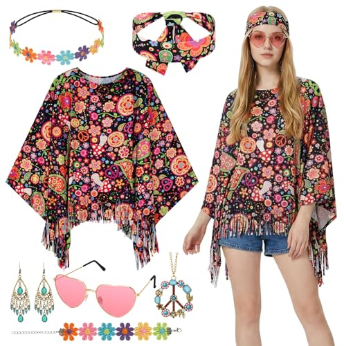 Alintor Hippie Kostüm Damen, 70er Jahre Outfit Damen, Faschingskostüme, Karnevalskostüme, Schlagermove Outfit, Flower Power Kleidung