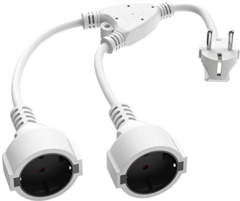 Verlängerungskabel Doppelstecker für Steckdose Außen IP20 | 2 Fach AC Schuko Steckdose mit Winkelstecker | 16A 250V 3680W | Kabel Y Verteiler für Innen/Außen, Weiß