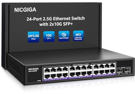 NICGIGA Switch Ethernet 24 Porte 2,5G + 2 SFP+ 10G, Switch Non Gestito | Switch 26 porte 2.5G ultra-veloce e silenzioso (fanless), ideale per desktop o rack 19, Plug & Play.